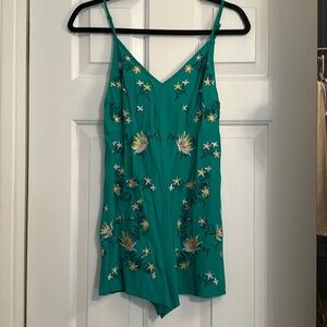 The room brand teal embroidered flower romper green size small